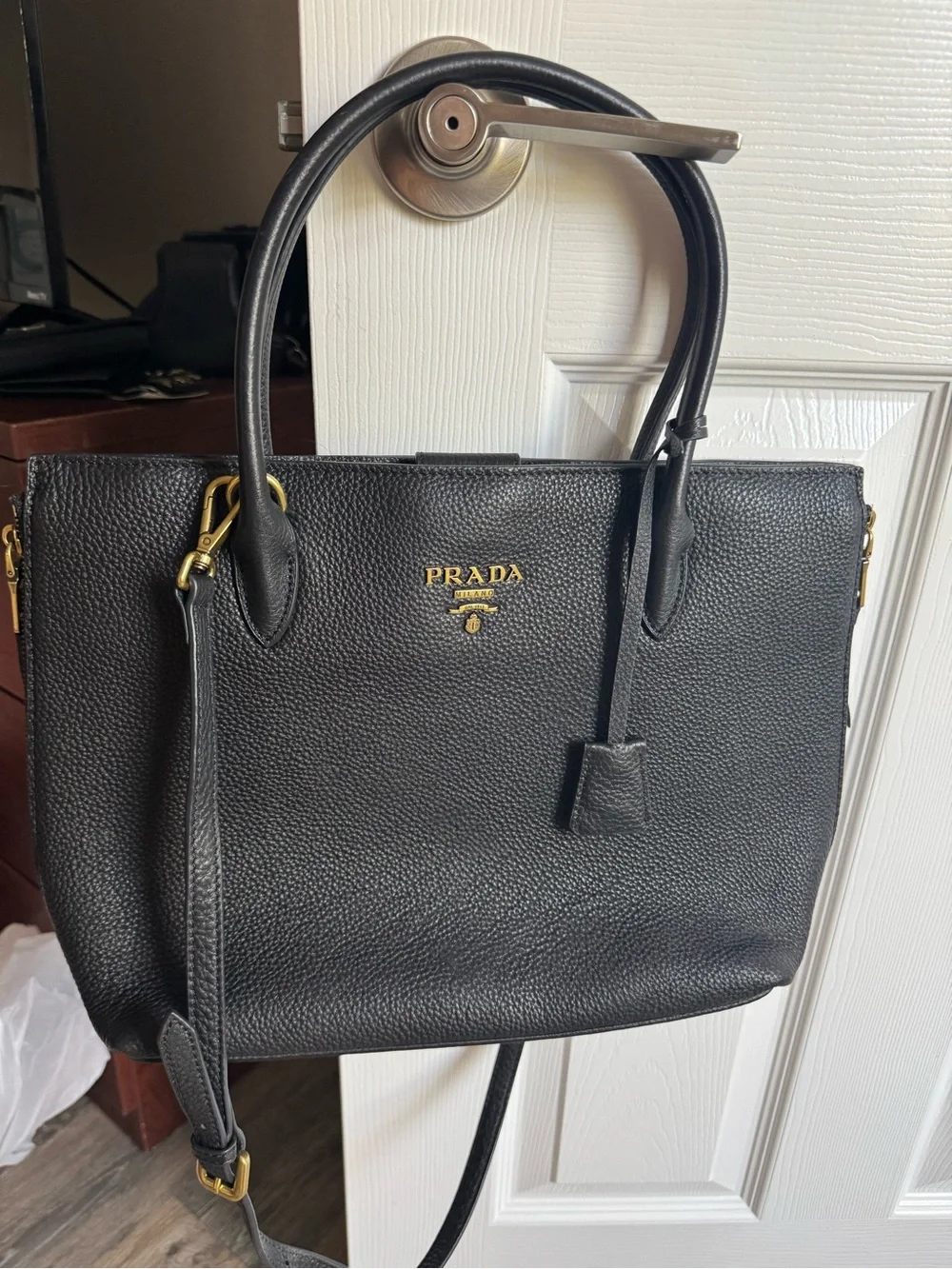 Prada Vitello Phenix Leather Double Handle Tote Black Gold Hardware